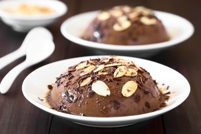 Close-up of dessert served on table