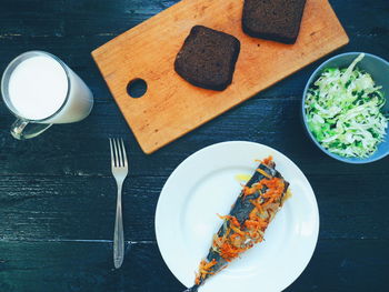 High angle view of breakfast on table