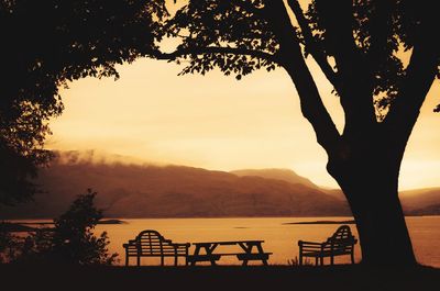 Silhouette tree by mountain against sky during sunset