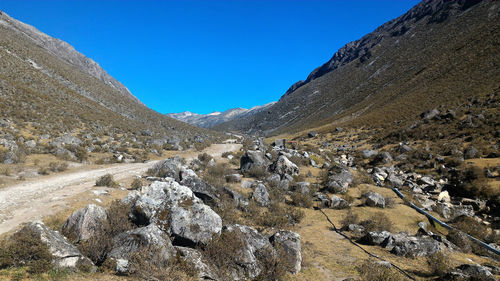 Scenic view of mountains against clear blue sky