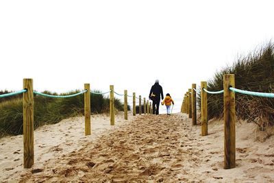 Rear view of people walking on beach against clear sky