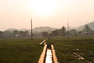 Man on field against sky during sunset