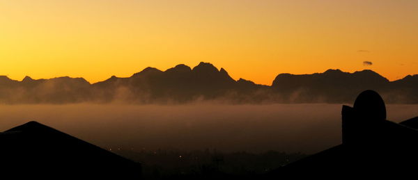Silhouette buildings against clear sky during sunset