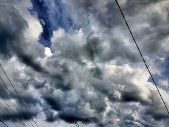 Low angle view of power lines against cloudy sky