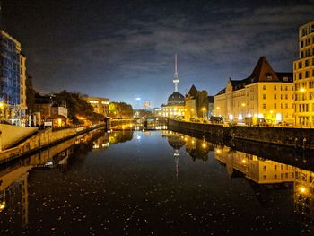 Reflection of illuminated buildings in water