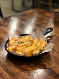 High angle view of food in plate on table