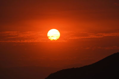 Scenic view of silhouette mountain against orange sky