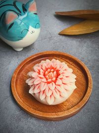 High angle view of pink flowers on table