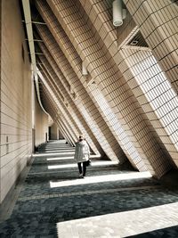 Rear view of woman walking on staircase in building