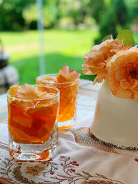 Close-up of ice cream served on table