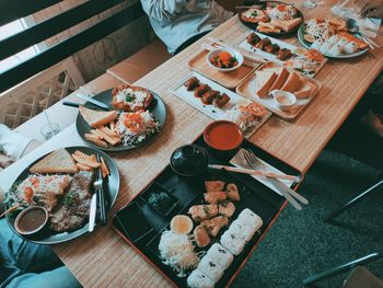 High angle view of sushi served on table