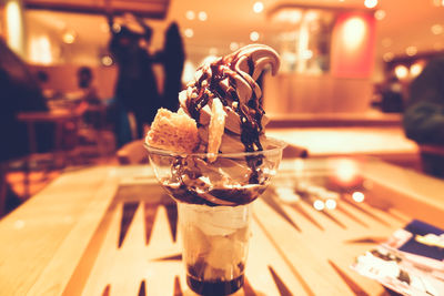 Close-up of ice cream on table