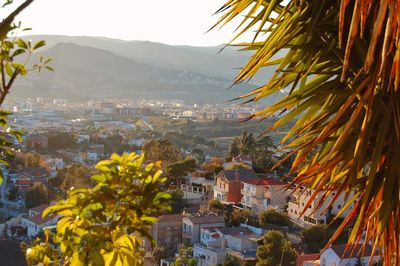 High angle view of town against sky