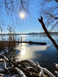 Scenic view of lake against sky during winter