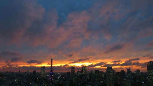 City skyline at sunset