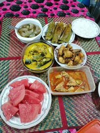 High angle view of food served on table