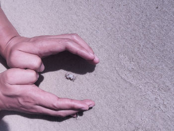 Close-up of hands on sand