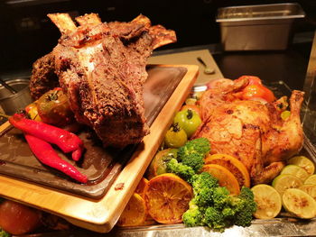 Close-up of food served on table