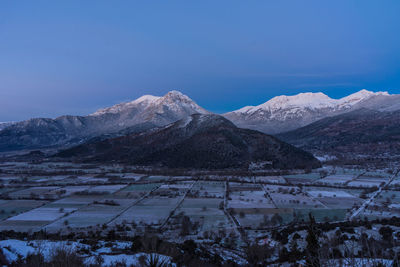 Scenic view of snowcapped mountains against clear sky