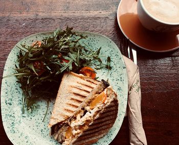 High angle view of breakfast served on table