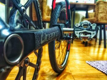 Close-up of bicycles on wall