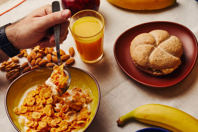 High angle view of breakfast served on table