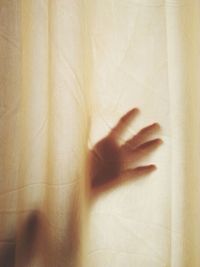 Cropped hand seen through transparent curtain
