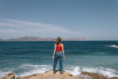 Rear view of man standing at beach against sky