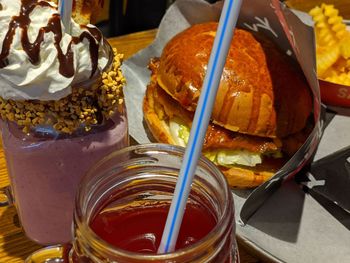 High angle view of ice cream in glass on table