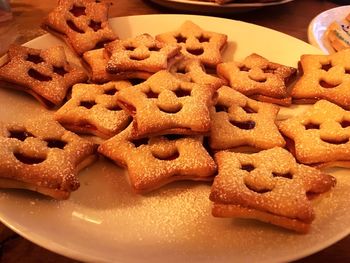 High angle view of cookies in plate