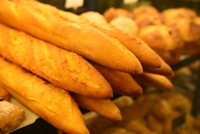 Close-up of baguettes in bakery