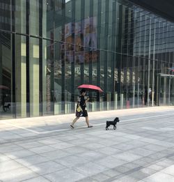 People walking on footpath in city during rainy season