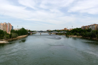 Bridge over river by buildings in city against sky
