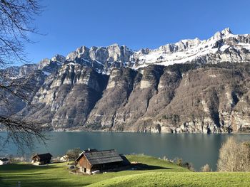 Scenic view of lake and mountains against clear sky