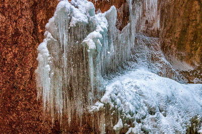 Panoramic view of waterfall in forest during winter