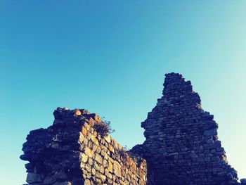 Low angle view of rock formation against clear blue sky