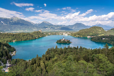 Scenic view of lake and mountains against sky