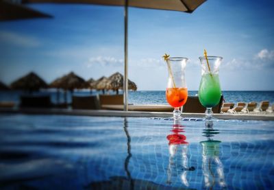 Close-up of drink in swimming pool against sea