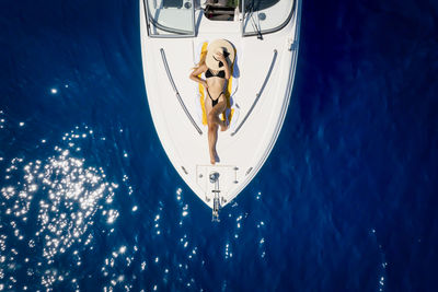 High angle view of ship in sea