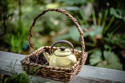 Close-up of wicker basket on table