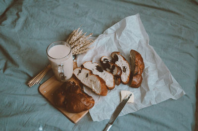 High angle view of breakfast served on table