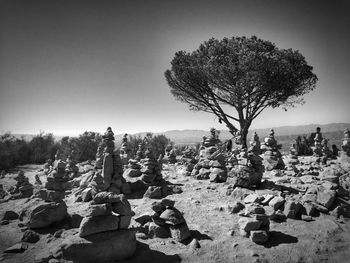 Stack of rocks on field against sky