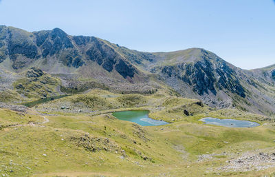 Scenic view of lake and mountains against clear sky