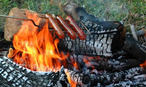 Close-up of bonfire on barbecue grill