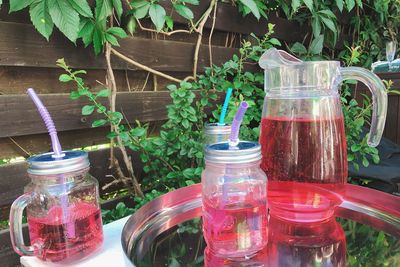Close-up of drink in glass jar on table