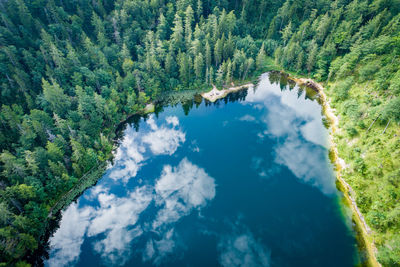 Aerial view at lake eibensee, a beautiful small mountain lake in the austrian alps near salzburg.