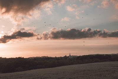 Scenic view of field against sky at sunset