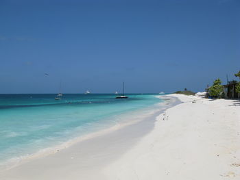 Scenic view of beach against clear blue sky