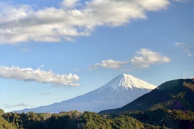 Scenic view of snowcapped mountains against cloudy sky