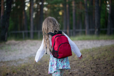 Rear view of girl walking in forest